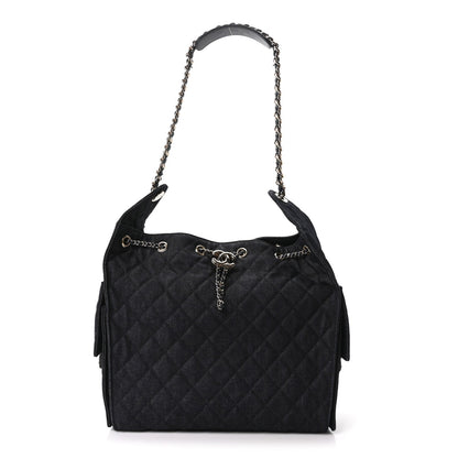 Denim Quilted Medium Chanel 25 Handbag Dark Blue