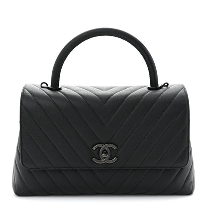 Caviar Chevron Quilted Small Coco Handle Flap So Black