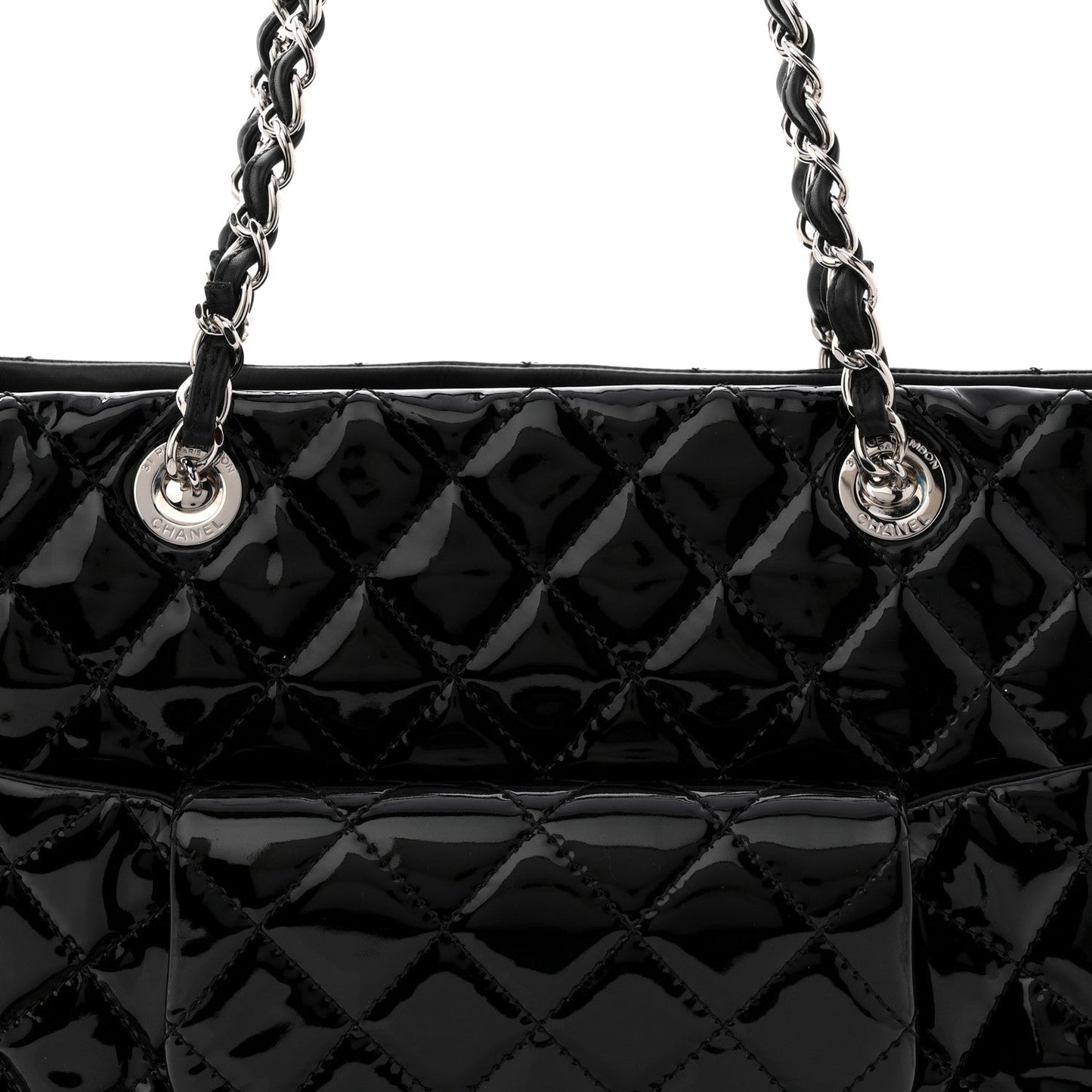 Patent Quilted Large Coco Shine Shopping Tote Black