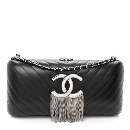 Lambskin Chevron Quilted CC Fringe Clutch Black