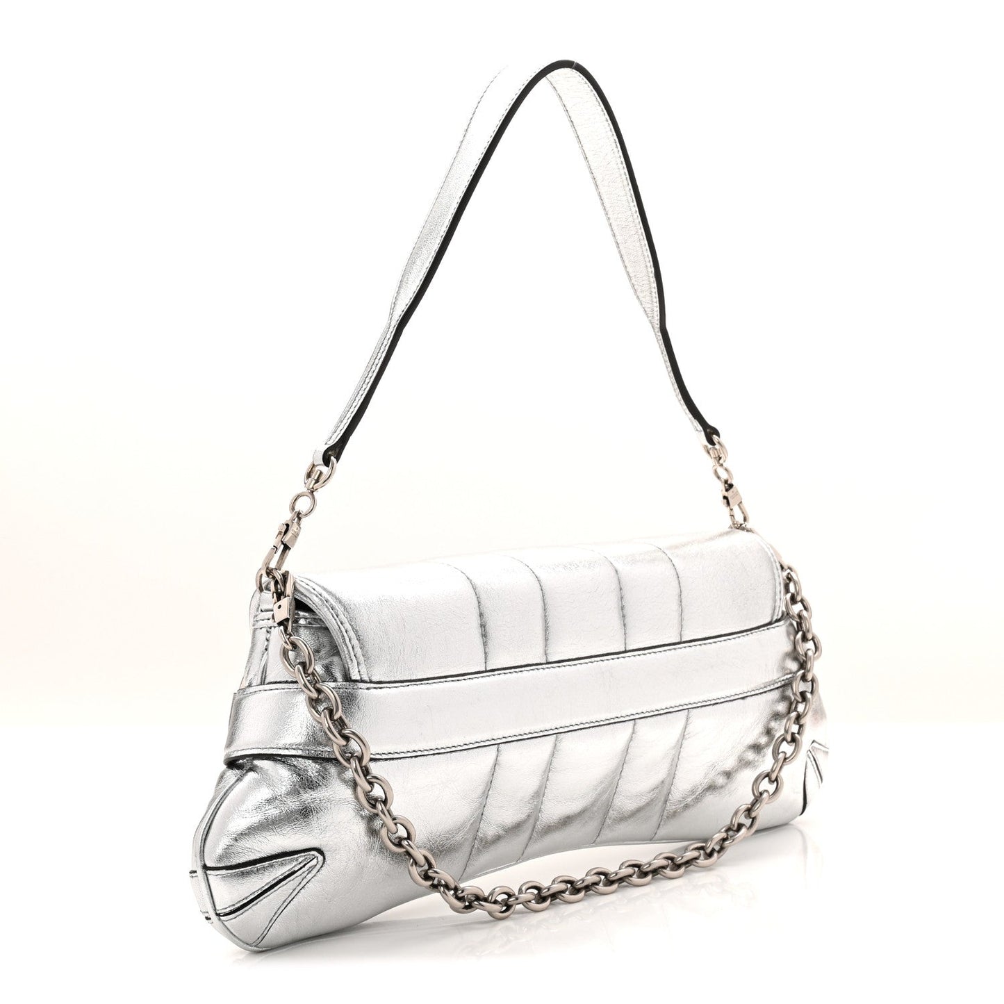 Metallic Nappa Vertical Matelasse Medium Maxi Horsebit Chain Shoulder Bag Silver