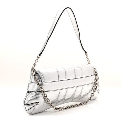 Metallic Nappa Vertical Matelasse Medium Maxi Horsebit Chain Shoulder Bag Silver