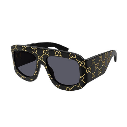 Gucci Sunglasses Square Full Rim, Black With Gold GG Pattern Frame and Grey Lens GG0983S004