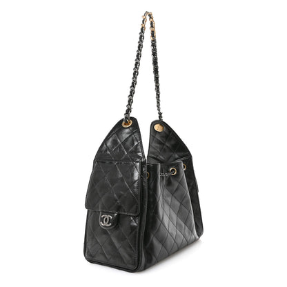 Shiny Crumpled Calfskin Quilted Small Chanel 25 Handbag Black