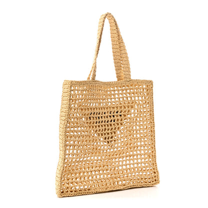 Yarn Raffia Effect Crochet Logo Embroidered Tote Bag Naturale