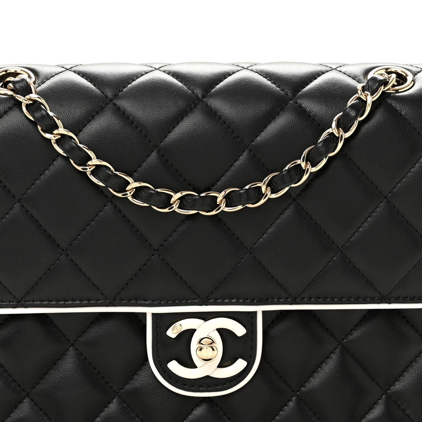 Lambskin Quilted Resin Graphic Frame Flap Bag Black White