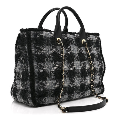 Tweed Shearling Quilted Lambskin Shopping Tote  Black Grey