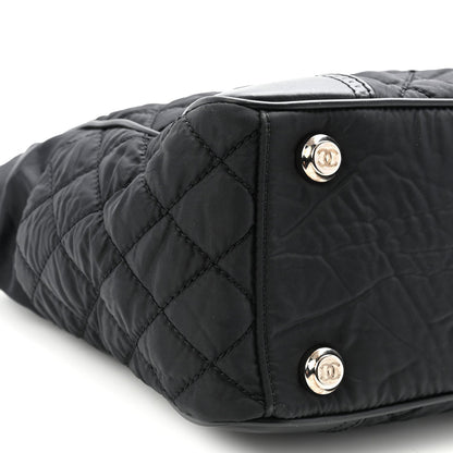 Nylon Calfskin Quilted CC Paris New York Tote Bag Black