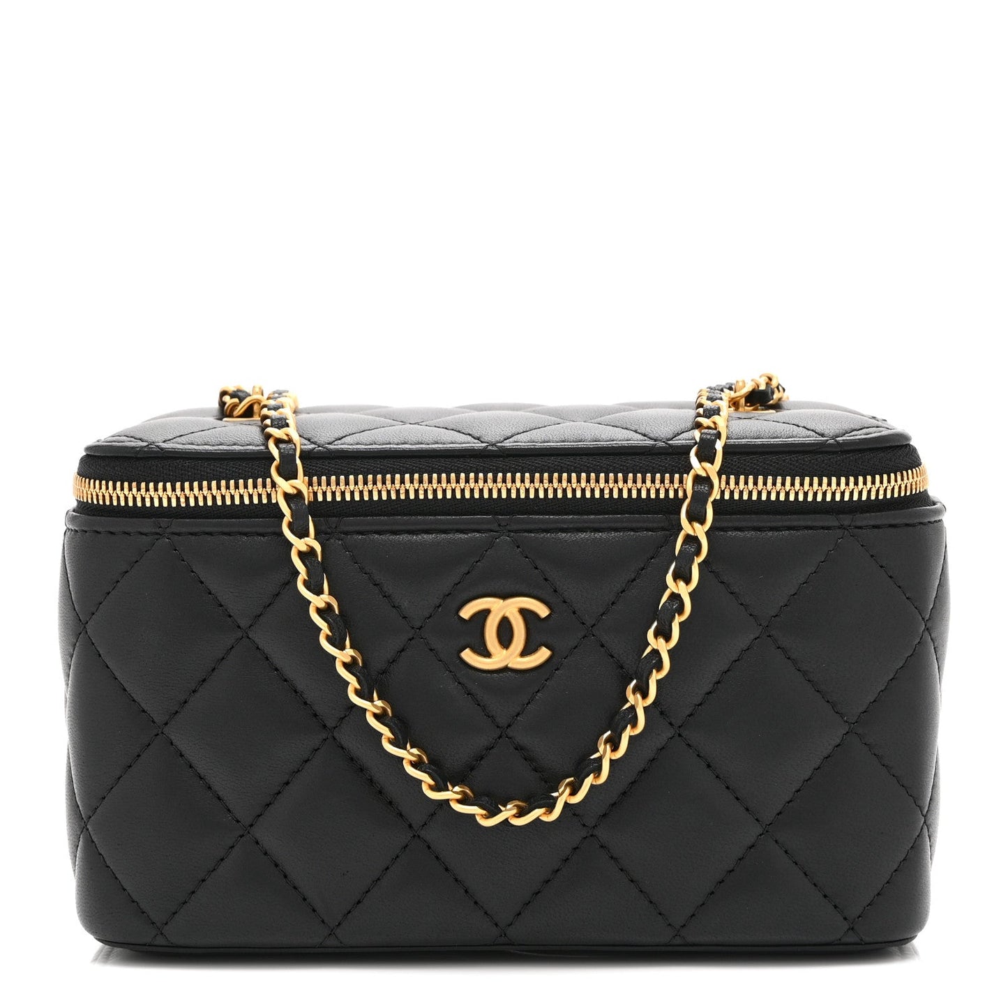 Lambskin Enamel Quilted Small Coco Hearts Vanity Case With Chain Black