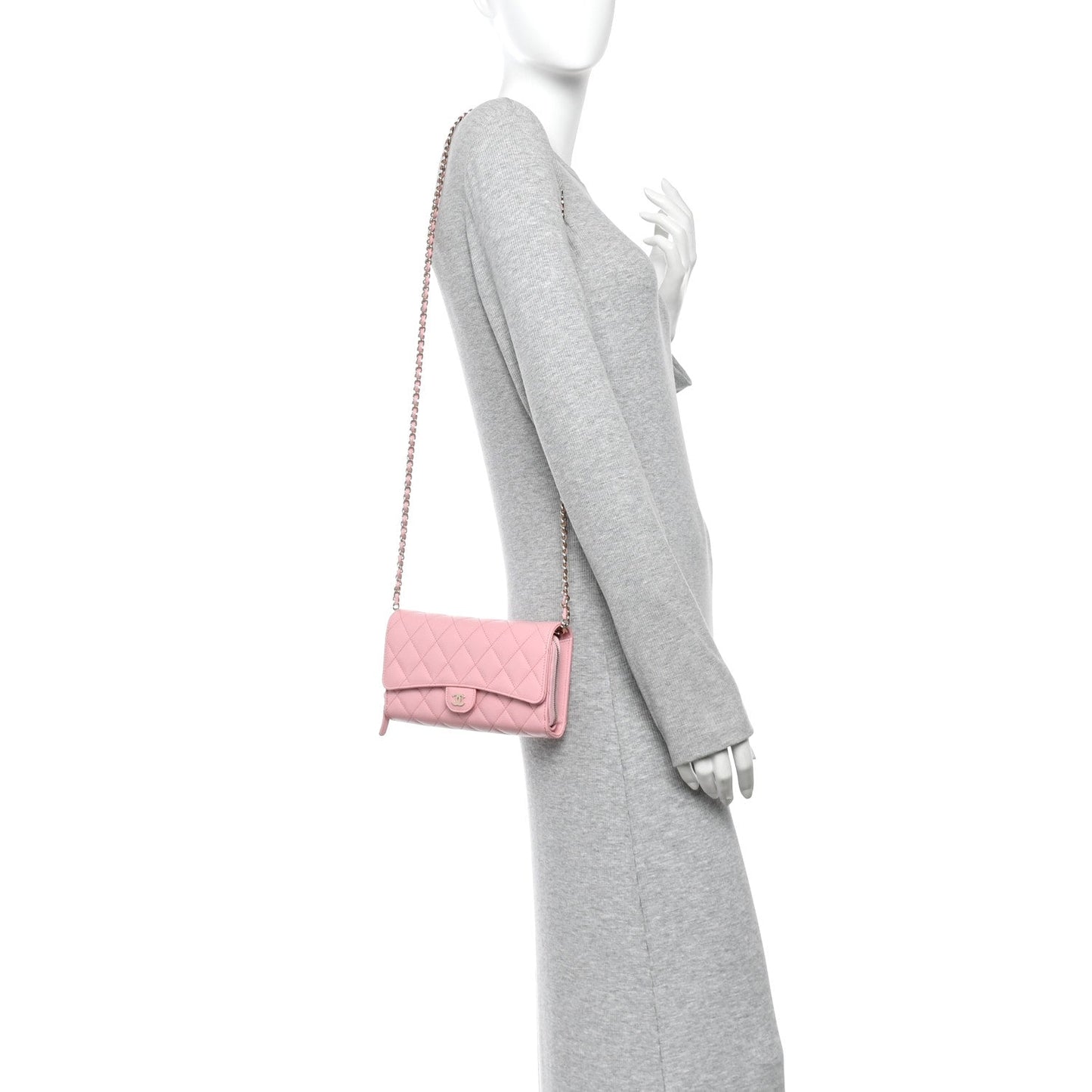 Caviar Quilted Phone Holder Wallet on Removable Chain Pink