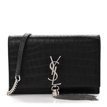 Calfskin Crocodile Embossed Kate Monogram Tassel Chain Wallet Black