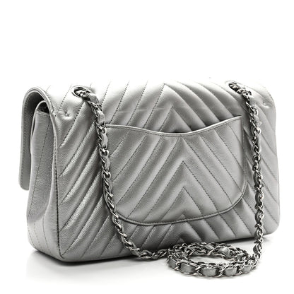 Metallic Caviar Chevron Quilted Medium Double Flap Silver