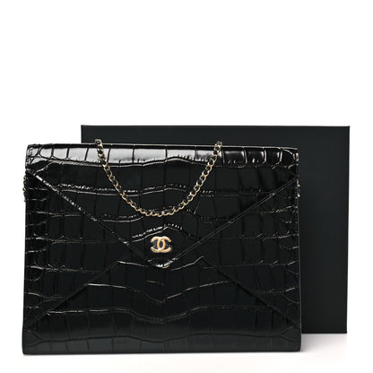 Calfskin Crocodile Embossed Croc Illusion Clutch With Chain  Black