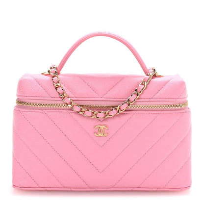 Shiny Caviar Chevron Quilted Top Handle Vanity With Chain Rose