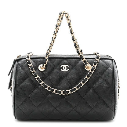 Caviar Quilted Barrel Clutch With Chain  Black