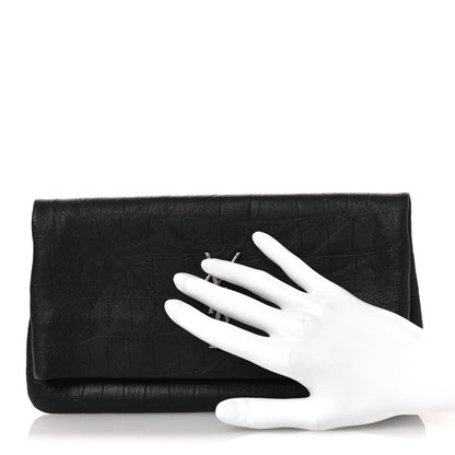 Calfskin Crocodile Embossed West Hollywood Monogram Fold Over Clutch Black