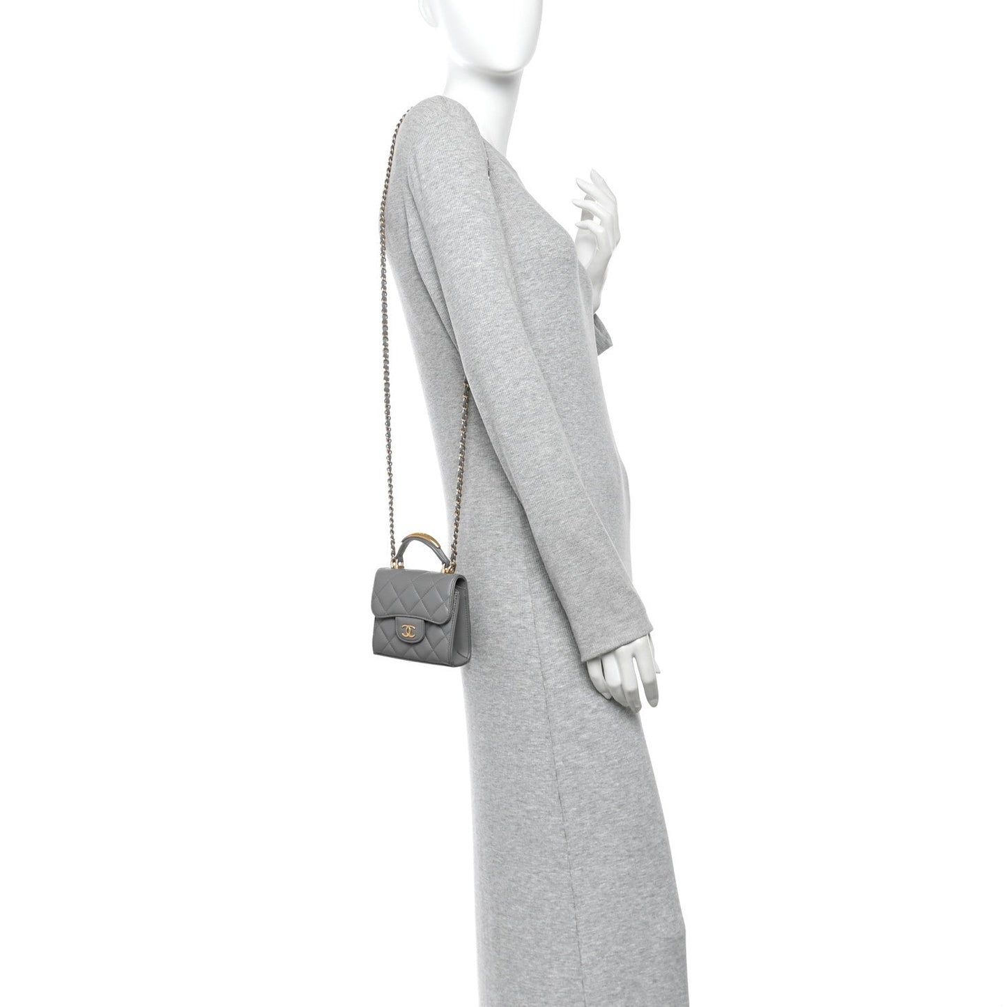 Lambskin Quilted Metal Top Handle Flap Clutch With Chain Grey