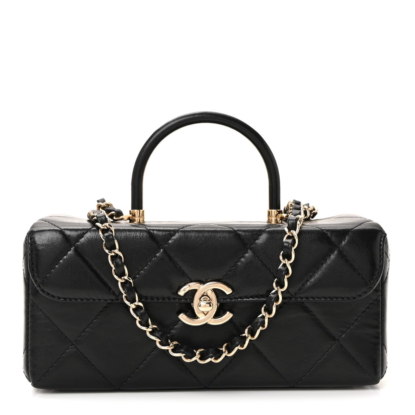 Shiny Calfskin Quilted Top Handle Box Bag Black