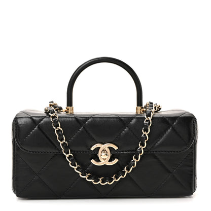 Shiny Calfskin Quilted Top Handle Box Bag Black