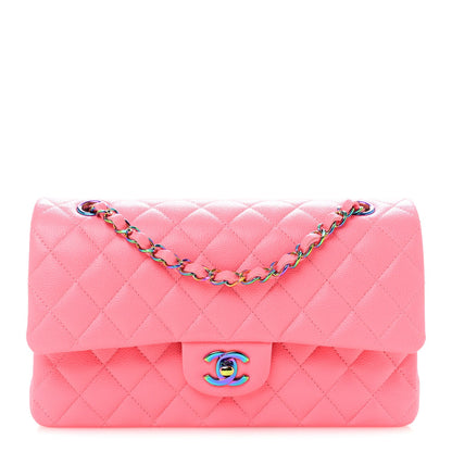 Caviar Quilted Rainbow Medium Double Flap Coral Pink