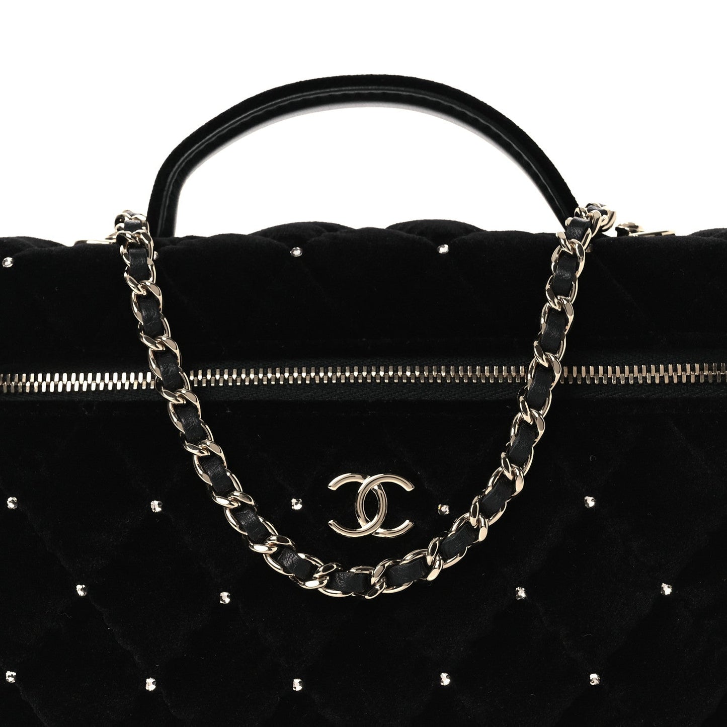 Velvet Diamanté Quilted Top Handle Slim Vanity Case With Chain Black