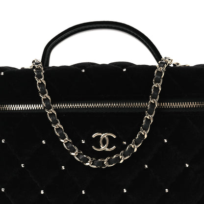 Velvet Diamanté Quilted Top Handle Slim Vanity Case With Chain Black