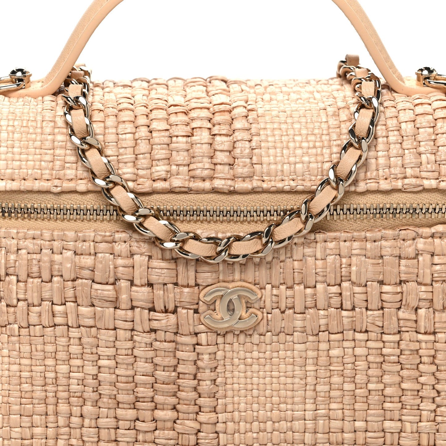 Braided Raffia Quilted Top Handle Slim Vanity Case With Chain Beige