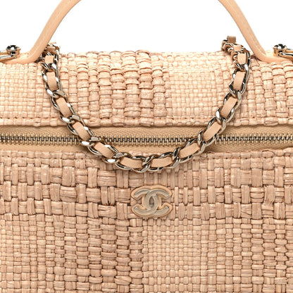 Braided Raffia Quilted Top Handle Slim Vanity Case With Chain Beige