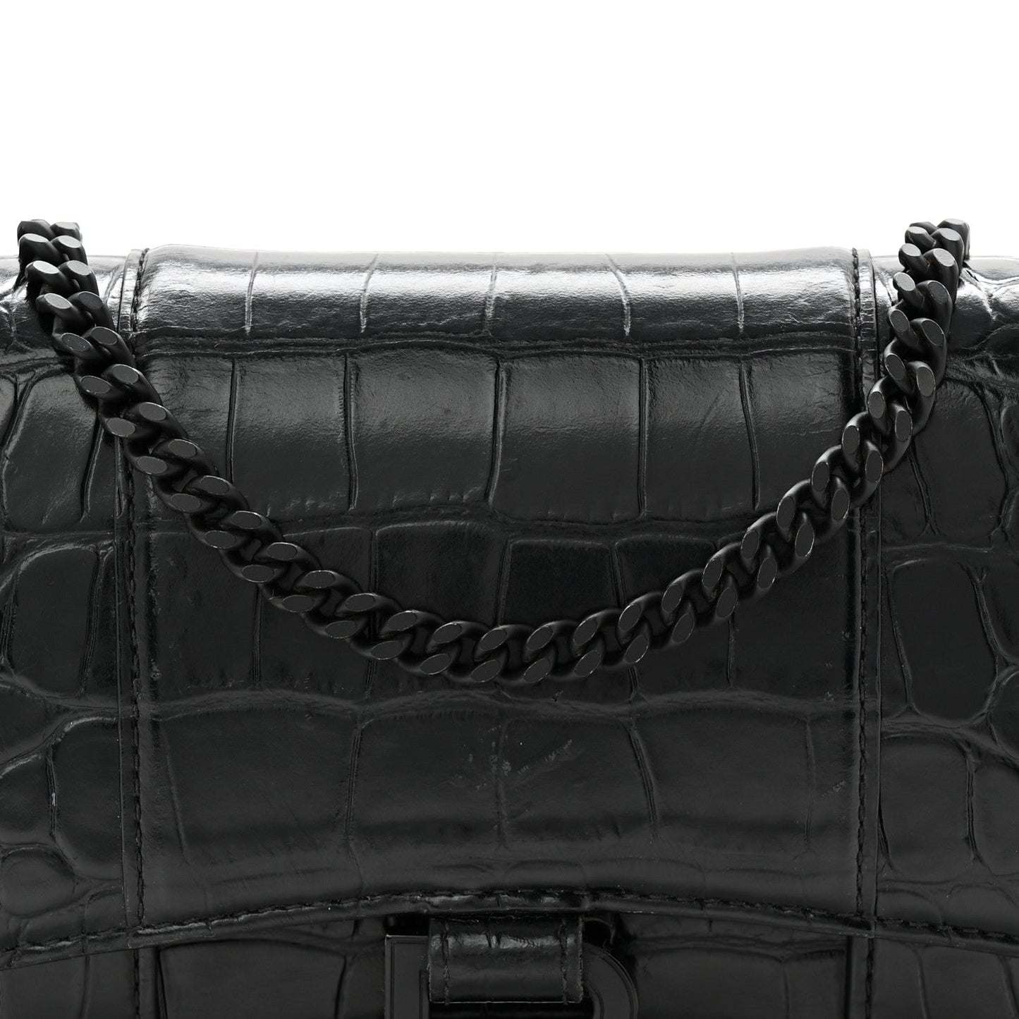 Shiny Calfskin Monochrome Crocodile Embossed Hourglass Chain Bag Black