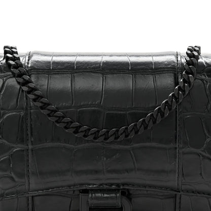 Shiny Calfskin Monochrome Crocodile Embossed Hourglass Chain Bag Black