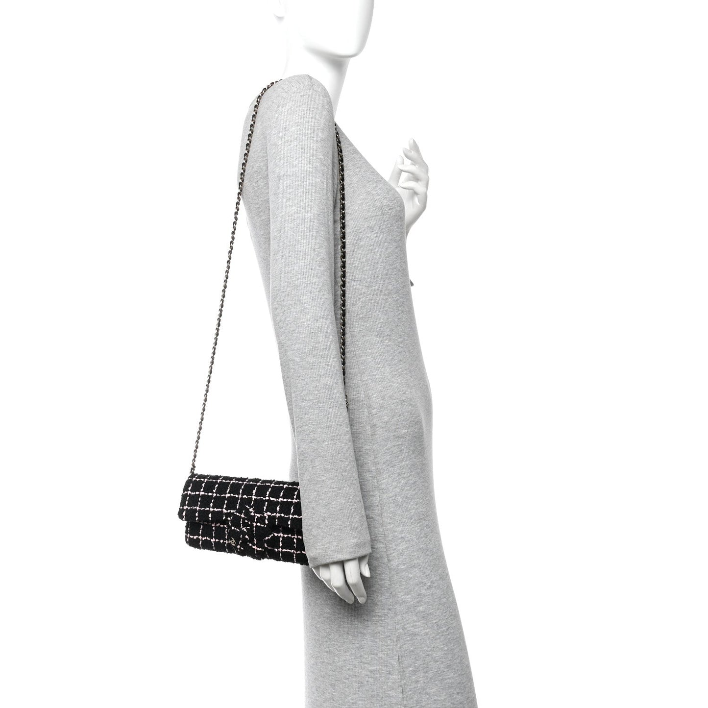 Tweed Quilted East West Camellia Clutch Black Pink