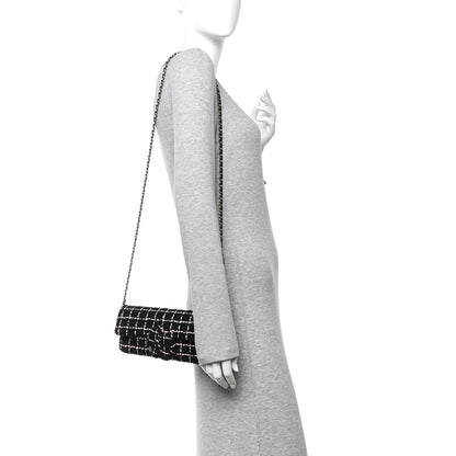Tweed Quilted East West Camellia Clutch Black Pink