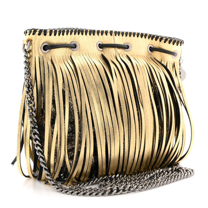 Metallic Shaggy Deer Fringe Falabella Bucket Bag Gold Black