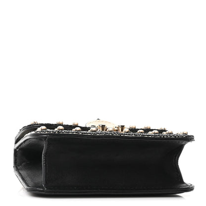 Vitello Beaded Mini Glam Lock Rockstud Flap Black Ivory Green