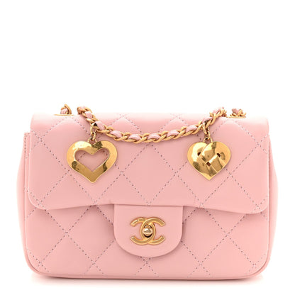 Lambskin Quilted Mini Heart Charms Flap Light Pink