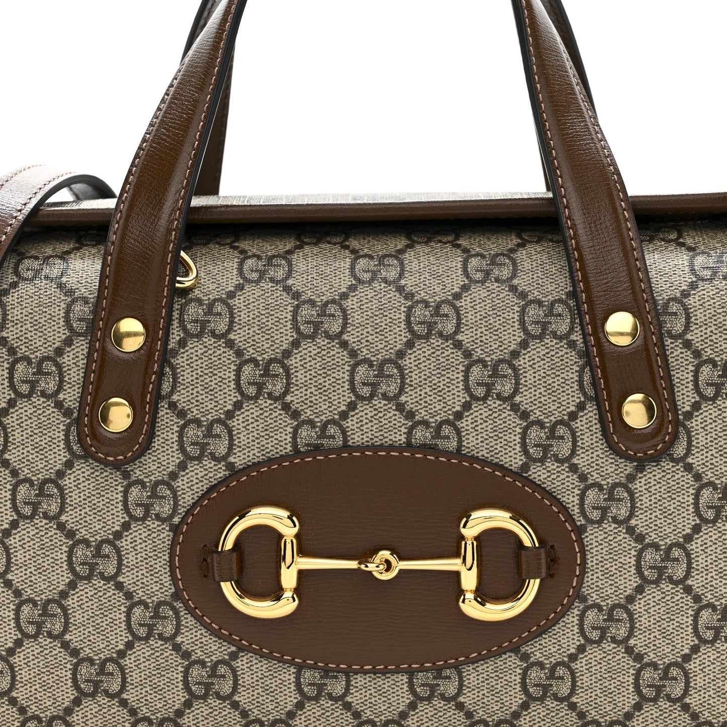 GG Supreme Monogram Azalea Calfskin Mini Horsebit 1955 Foldover Top Handle Bag Beige Ebony Brown Sugar