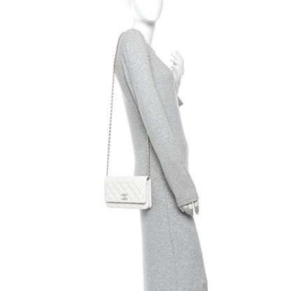 Caviar Quilted Crystal CC Wallet On Chain WOC White