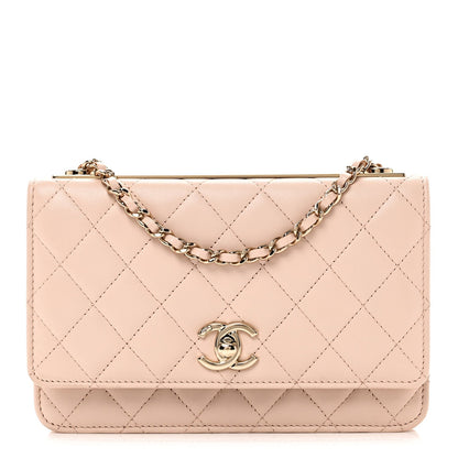 Lambskin Quilted Trendy CC Wallet On Chain WOC Light Beige