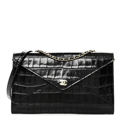 Calfskin Crocodile Embossed Envelope Clutch With Strap Black