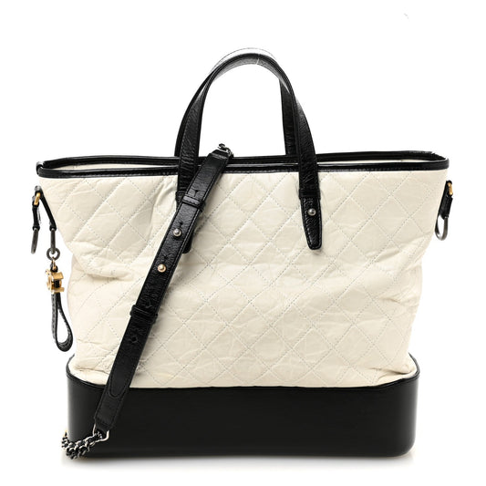 Aged Calfskin Quilted Large Gabrielle Shopping Tote White Black