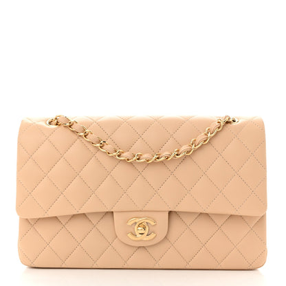 Lambskin Quilted Medium Double Flap Beige