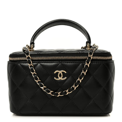 Lambskin Quilted Small Top Handle Vanity Case With Chain Black