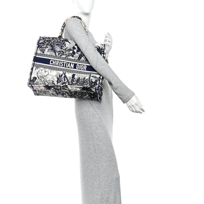 Canvas Embroidered Large Palm Tree Toile De Jouy Book Tote Blue
