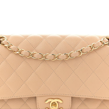 Caviar Quilted Medium Double Flap Beige