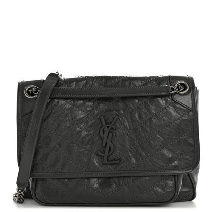 Crinkled Calfskin Matelasse Monogram Medium Niki Chain Satchel Storm