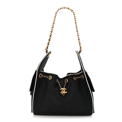 Braided Raffia Calfskin Small Chanel 25 Handbag Black White