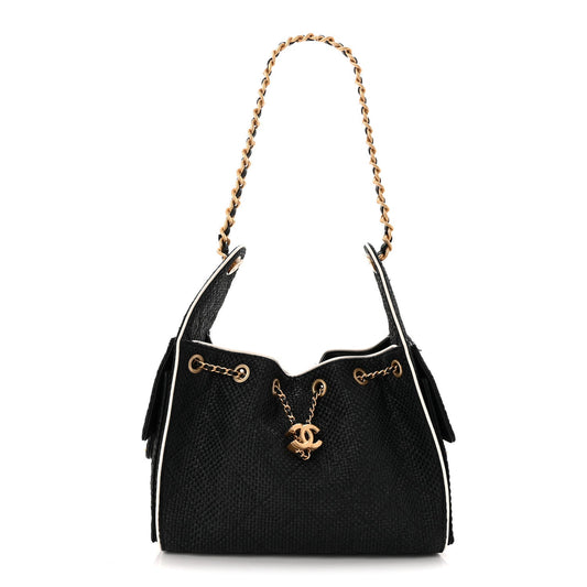 Braided Raffia Calfskin Small Chanel 25 Handbag Black White