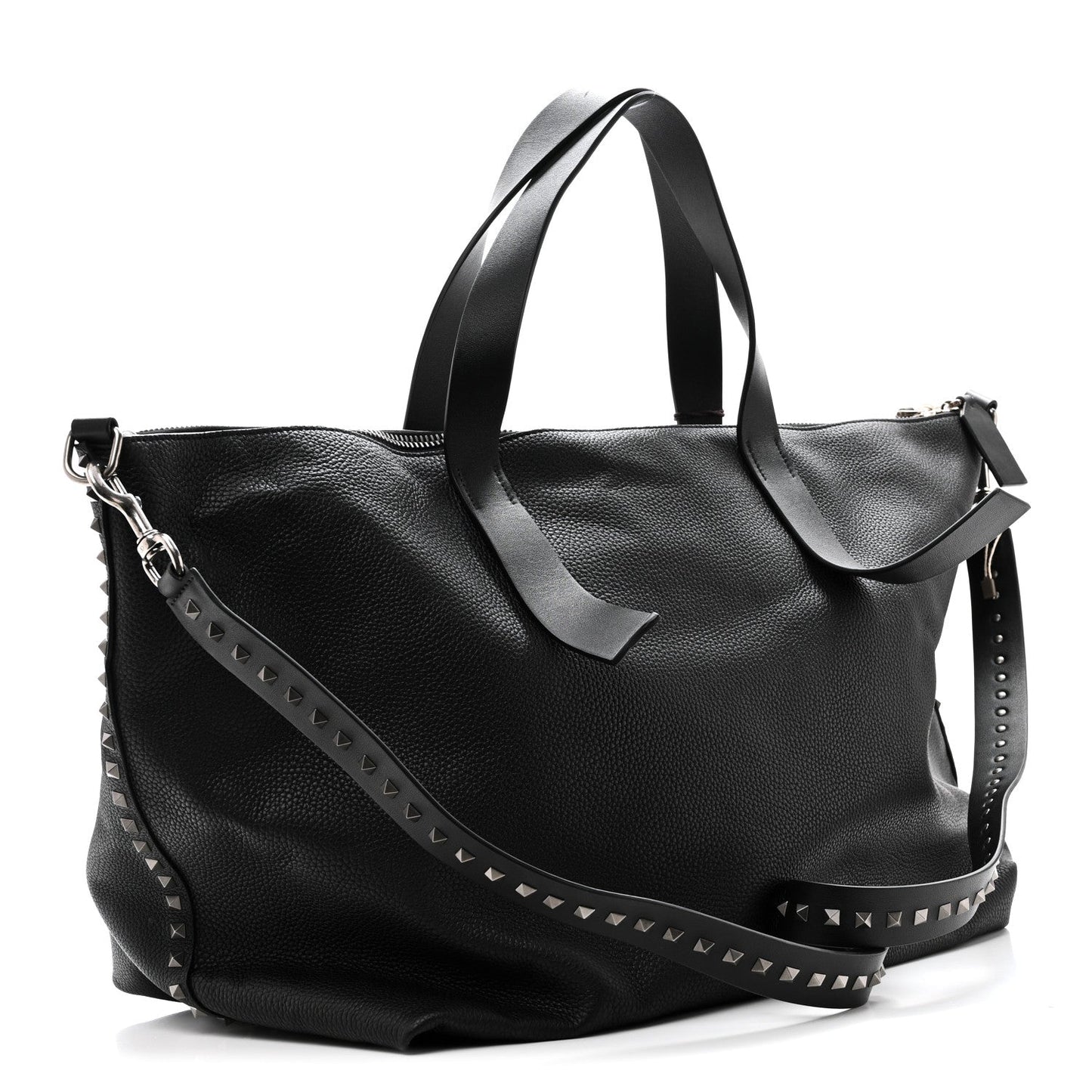 Grained Calfskin Rockstud Travel Tote Bag Black
