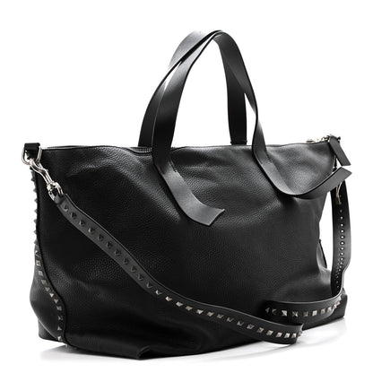Grained Calfskin Rockstud Travel Tote Bag Black