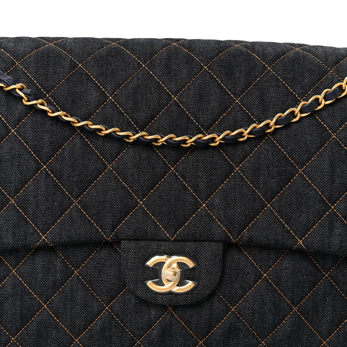 Denim Quilted XXL Travel Flap Bag Dark Blue Orange